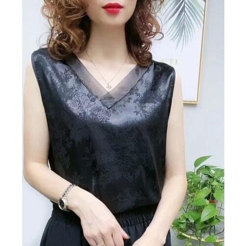 Womens Black Blouses Summer Elegant Tunic Vintage Office Plus Size Satin Silk Blouse Basic Lace Tops Shirt 2021 For Women