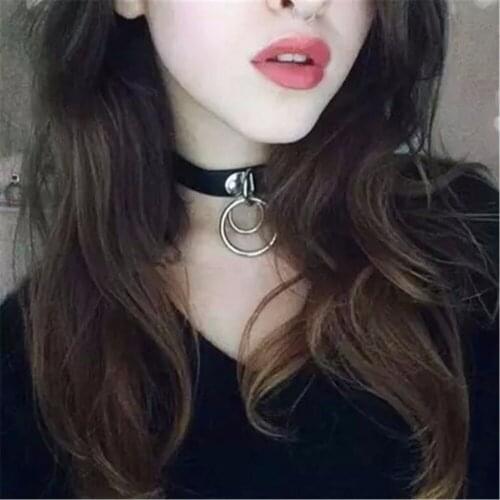 1PC New Women Classic Handmade Gothic Punk Rock Dark Harajuku Double O Circle Leather Chain Collar Choker Necklace Jewelry