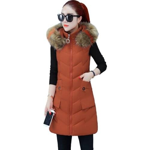 Women Winter Cotton Vest Casual Hooded Faux fur collar Sleeveless Waistcoat 2020 New Warm Plus Size Long Padded Thick Vest coat
