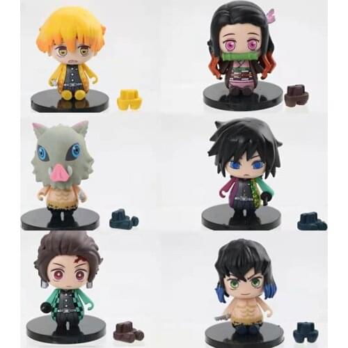 2021 Anime Figures Demon Slayer: Kimetsu no Yaiba Kamado Tanjirou Agatsuma Zenitsu Eat Rice Balls PVC Model Dolls 6pcs/set