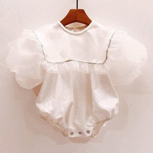 2021 Summer Korea Baby Girl Lace Puff Sleeves Jumpsuits Newborn Baby Rompers Baby Girl Photography Outfits