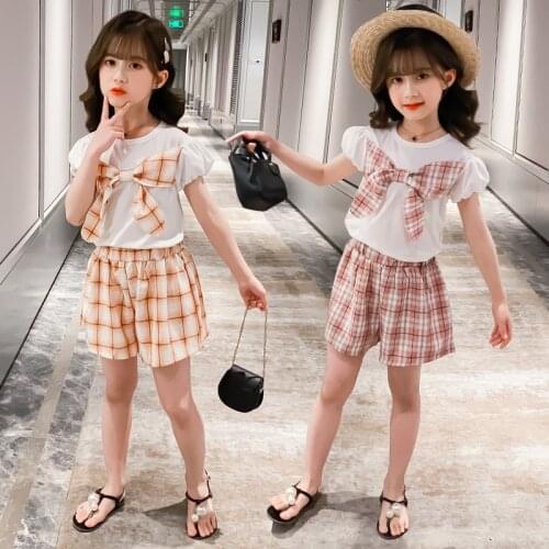 2021 Summer kids Baby Girls clothes Casual teenager Bow plaid 110 150 160 cm T shirt + Shorts pants 3 4 5 6 7 8 9 10 11 12 years