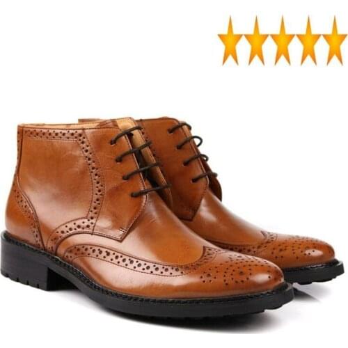 Boots Luxury Ankle Business Men Retro Brogue Genuine Leather Office Work Lace Up Wing Tip Safety Shoe Male Formal Party Botas