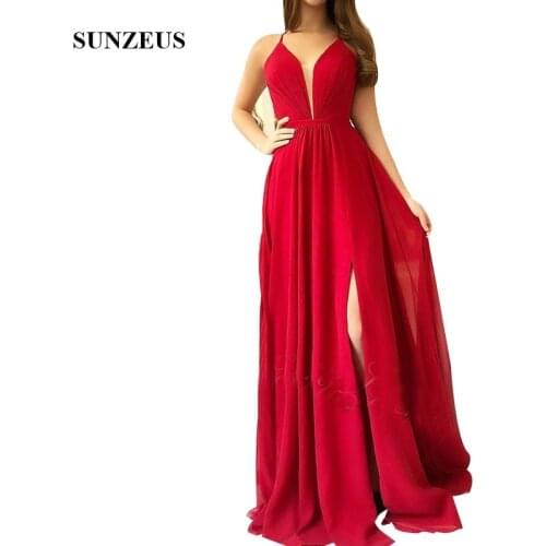 Long Red Chiffon Bridesmaid Dresses 2020 A-line Spaghetti Straps Deep V-neck Side Slit Wedding Guest Dress Simple Party Gown