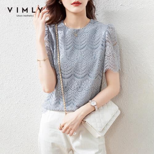 VIMLY Elegant Womens Blouse Fashion New Puff Sleeve Lace Shirts 2021 Summer Women Clothing Office Ladies Blouses Tops F7003