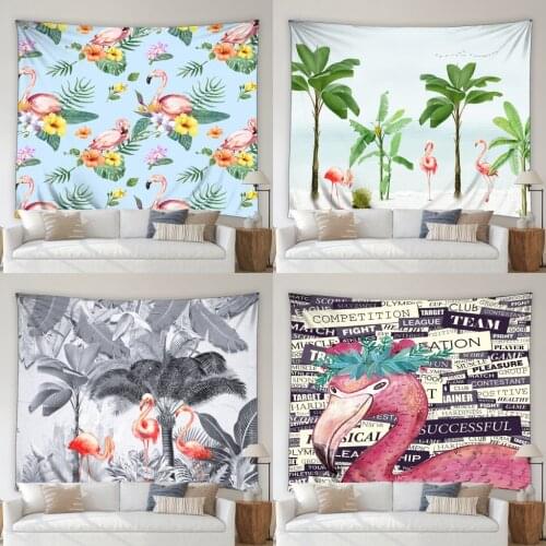 Flamingo Tapestry Tropical Plants Palm Trees Green Leaves Color Flowers Decor Poster Living Room Bedroom Wall Hanging Blanket