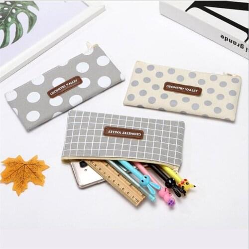 Kawaii Fresh Simple Striped Grid Solid Pencil Case Office Stationery School Supplies High Capacity Canvas Material Pencil Bag