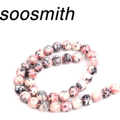 Soosmith 4-10mm Beautiful and unique Natural Pink Black Dots Rainbow Stone Round Beads For Jewelry Making pick size Diy Craft