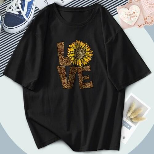 Summer Sun Flowers T-shirts Vintage Harajuku T-shirts Women O-Neck Print Black Tees Funny Clothing Tops Loose Ladies Camiaetas