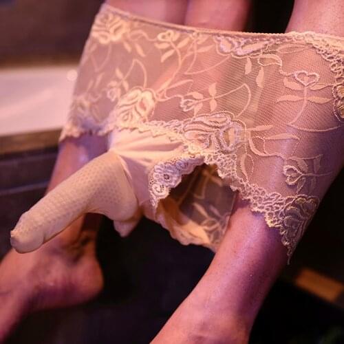 Mens Sexy Mid Waist Breathable Lace Briefs Stretchy See Through Underwear Sexy Lace Thong Low Waist Lace Transparent Panties New