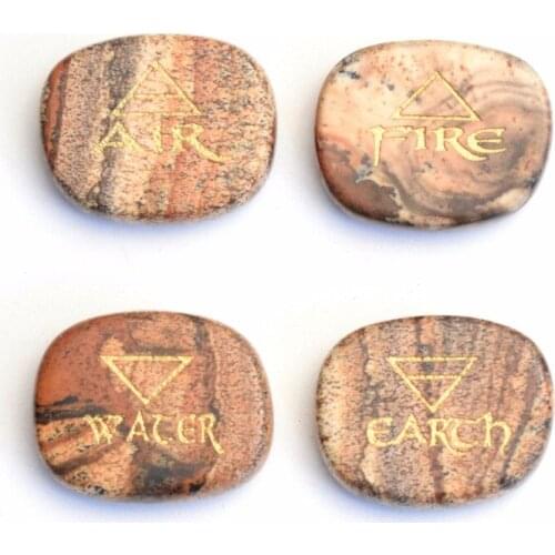 Set of 4 Natural Picture Jasper Healing Crystal Engraved Reiki 4 Elemental of Earth Water Air Fire Palm Stone with a Free Pouch