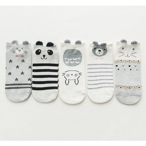 5Pairs/Lot Cotton Women Socks Cat Panda Stereo Ears Funny Color Japanese Cute Cartoon Casual Short Boat