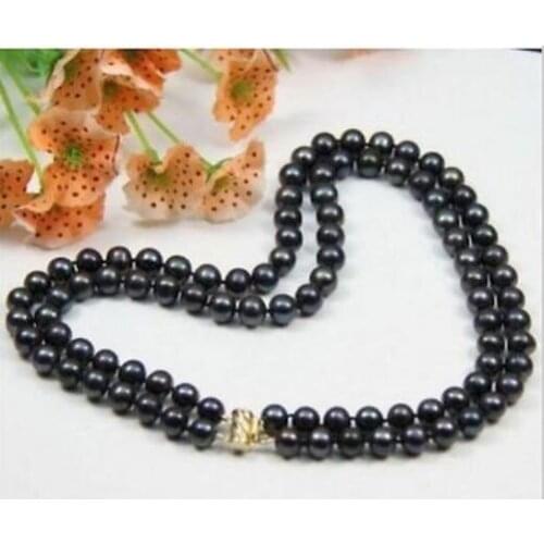 Charming 2ROW AAA 9-10 MM TAHITIAN NATURAL BLACK PEARL NECKLACE YELLOW CLASP