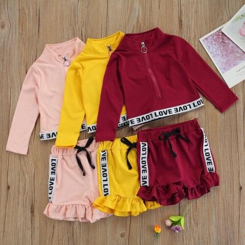 OPPERIAYA 2Pc Kids Summer Tracksuit Letter Print Mock Neck Zipper Pullover T-shirt Ruffled Shorts Baby Girl 18 Months to 6 Years