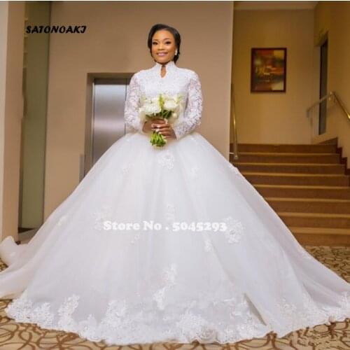 2021 African Muslim Wedding Dresses Long Sleeve Appliques Lace Beading Princesa Bridal Gown Vestidos De Novia Mariage Undefined