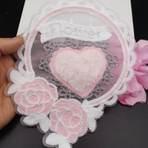 Fluffy lace sewing embroidery clothes patch, flower love heart cloth stickers trendy woman accessories decorative applique large