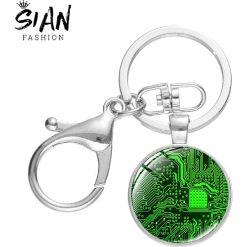SIAN Cool Circuit Board Glass Photo Keychains Silver Plated High Quality Lobster Clasp Key Ring Computer Geek Graduate Souvenir