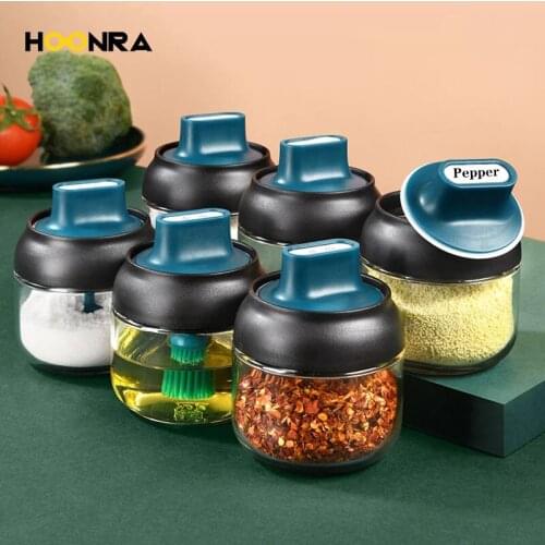 HOONRA Glass Spice Jars Pepper Salt Shakers Paprika Olive Oil Tank Organizer Storage Seal With Label Paper Kitchen Supplies