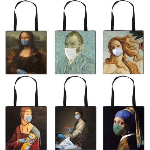 Spoof Famous painting Venus wearing a mask Print Tote Bag Women Aesthetics Interesting Casual Teenagers Large Capacity Handbags