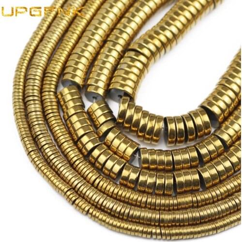 UPGFNK Gold Flat Round Hematite 3/4/6/8mm Natural Stone Spacer Loose Beads For Jewelry Making Diy Bracelets Accessories Findings