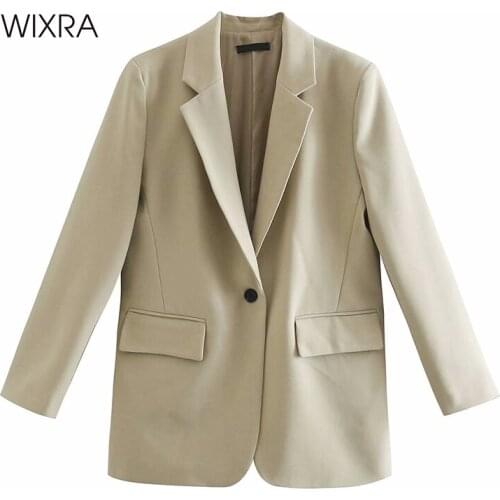 Wixra Womens Suit Coat Notched Collar Long Sleeve Single Breasted Pocket Ladies 2021 New Vintage Solid Loose Casual Outwear