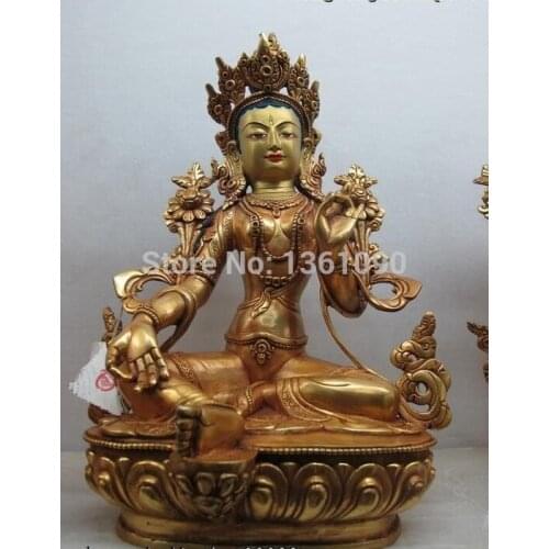 Xd 00647 13"Tibet Monastry Pure Bronze 24K Gilt Sit Green Tara Kwan-Yin Buddha statue