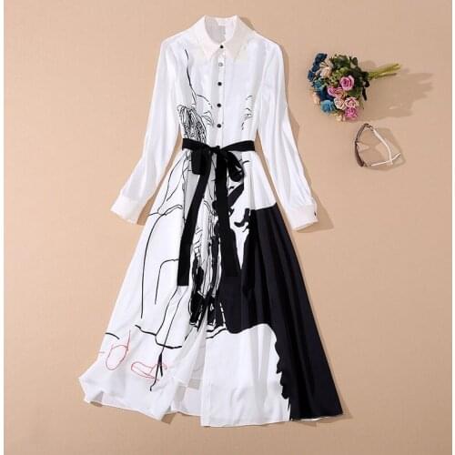 New Celebrity Style Dress 2021 Spring Summer Women Turn-down Collar Characte Prints Belt Patchwork Full Sleeve Long Shirt Dress
