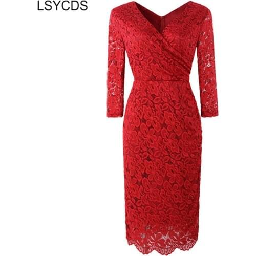 LSYCDS Red Dress for Women Long Sleeve V-Neck Elegant Floral Lace Bodycon Pencil Office Dresses Silm Sexy Vestidos