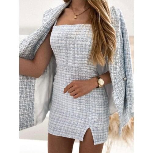 Elegant Tweed Spaghetti Strap Bodycon Women Mini Dress 2021 Summer New Solid High Waist Chic All-match Office Lady Femme Vestido