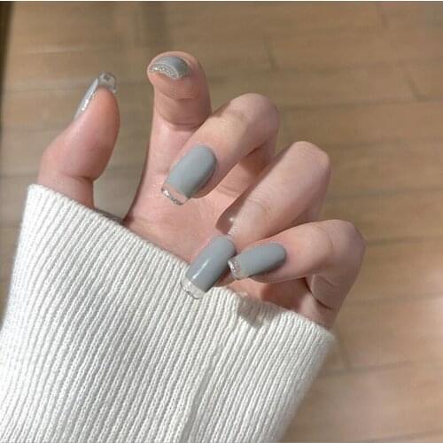 24pcs Haze Blue Gray Fake Nails Glue Type Removable Long Paragraph Square Head Fashion Manicure Fully Covered Nail Decoration