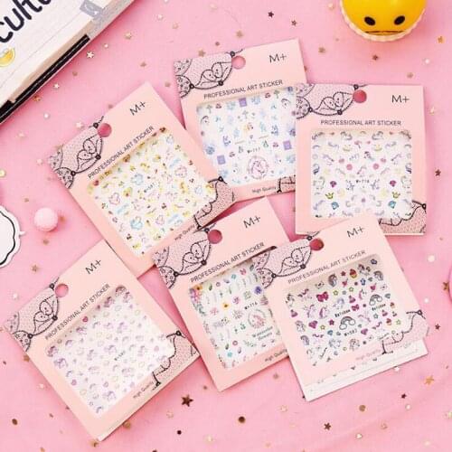 3 Sheets Unicorn Nail Stickers Cartoon Manicure Sticker Kawaii Heart Style Rainbow Water Decals Hot Pink Deco Scrapbook Stickers
