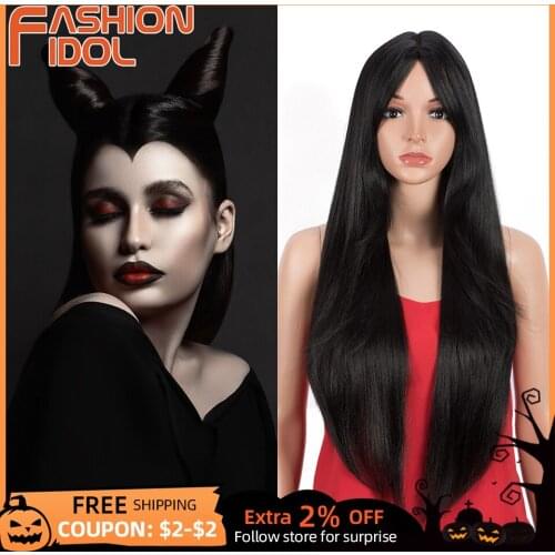 Black Deep Color Wig Daily Use MIddle Part Long Straight Hair 32 Inches Synthetic Gray Wigs Cosplay For White Women FASHION IDOL