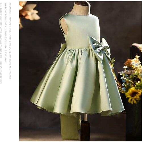CloverBridal Child Size 1-11 Girls Satin Flower Girl Dresses Big Bow Tie Kids Birthday Prom Party Performance Gown WF9747