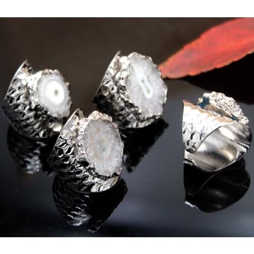 Big Gold Rim Vintage blue Purple Geode Crystal Flower Agates Stone Slice Adjust Open Hammered Ring Cuff for Woman Man Ring P1