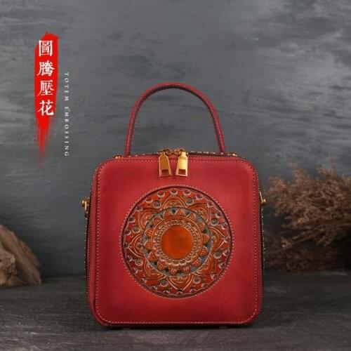 Genuine Leather Handbags New First Layer Cowhide Womens Handbags Embossed Retro One-Shoulder Fashion Small Square Zipper Bag