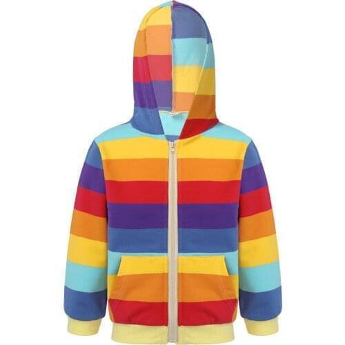 Spring Autumn Girls Rainbow Striped Jackets Outerwear Fashion Hoodie Hooded Cardigan Coat Tops Kids Children Clothing 4 6 8 10 Y