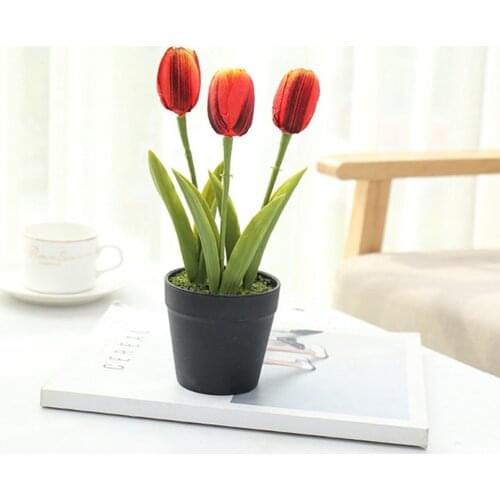 Center Piece Art For Dining Table Artificial Flowers White Tulips Three Heads Home Decoration Cement Decor Small Plant Potted