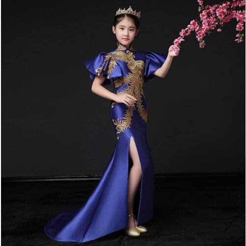 Vintage Embroidery Cheongsam Chinese Dress Long Children Gown Lantern Sleeve Slit Mermaid Trailing Qipao China Evening Dresses
