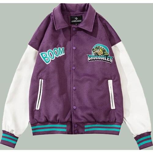 Patchwork Baseball Jacket Men Hip Hop Cartoon Embroidery Coats Harajuku Streetwea Campus Overzise Bomber Purple Unisex Jackets