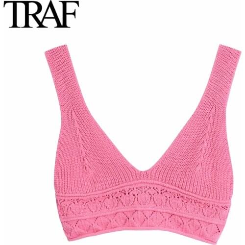 Traf Za 2021 Summer Womens Clothes Backless Bustier Top Sexy Blouse Ladies Chic Korean Fashion Knitting Tank Tops