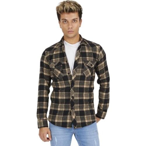 Men Casual Long Sleeve Button Down Plaid Shirt Slim Fit Muscle Dress Shirts Tops Fit Mens Milk Brown Slim Fit Checkered