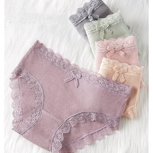 Fashion Comfortable Lingerie Seamless Cotton Laces Solid Brifs Mid Waist Girls Panties Sexy Breathable Underwear Women