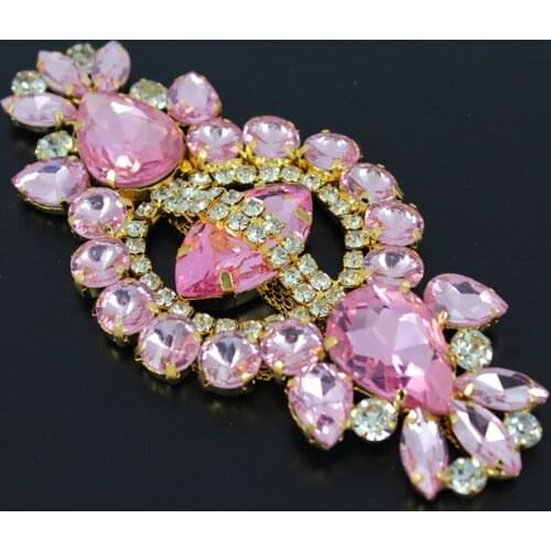 12*5.8cm Glass+resin Sew on tassel belt Royal Pink Crystal Gold Base Rhinestone applique sash bridal wedding sash Belt Applique