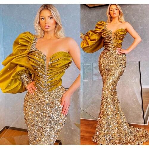 Luxurious Gold Formal African Evening Dresses Beaded Crystals Sheer Neck Prom Dress Long Sleeves Formal Gowns Vestidos de gala