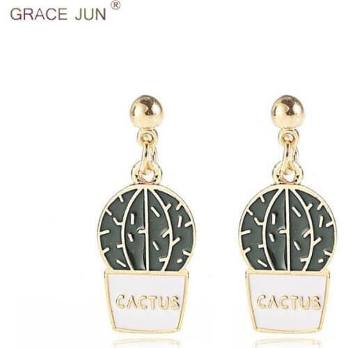 GRACE JUN New Fashion Cactus Bonsai Shape Clip on Earrings and Gold Color Drop Pierced Earrings Charm Earrings Factory Wholesale