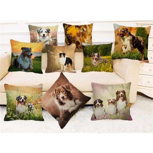 XUNYU Cute Animal Pillow Case 45*45 Australian Shepherd Dog Pillow Case Linen Printed Throw Pillowcase Sofa Cushion Cover A0072