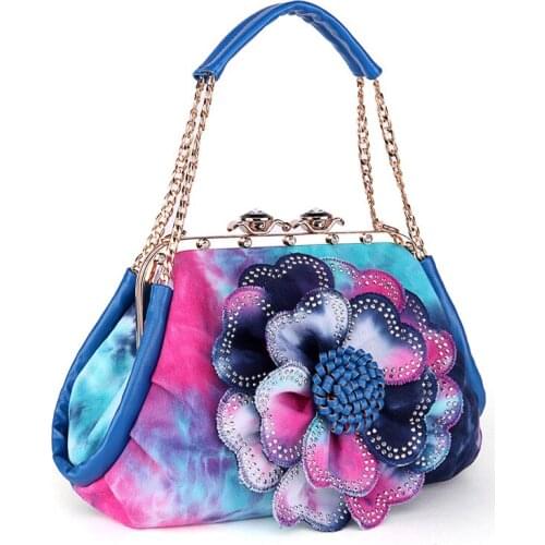 Womens bag romantic fashion colored denim diamond flower bag clip bag fashion womens handbag sh110060