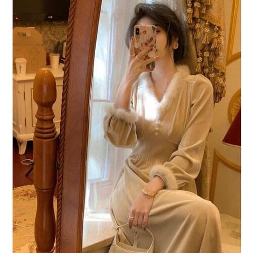 Women Dresses Autumn And Winter Clothing Fur Collar Thick Velvet Dress Womens Retro Long Dress Vestido De Mujer Femme Robe