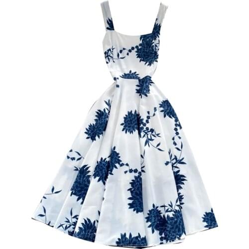 2021 Summer Fashion Temperament New Vestidos Womens Square Collar Irregular Print Slim Fit Suspender Midi Dress DK768