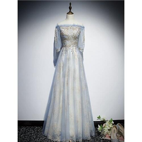 Robe De Soiree A-line Blue Evening Dresses Long Dress Party Dress Vestido De Festa Sexy Boat Neck 3/4 Sleeve Evening Dress 2020